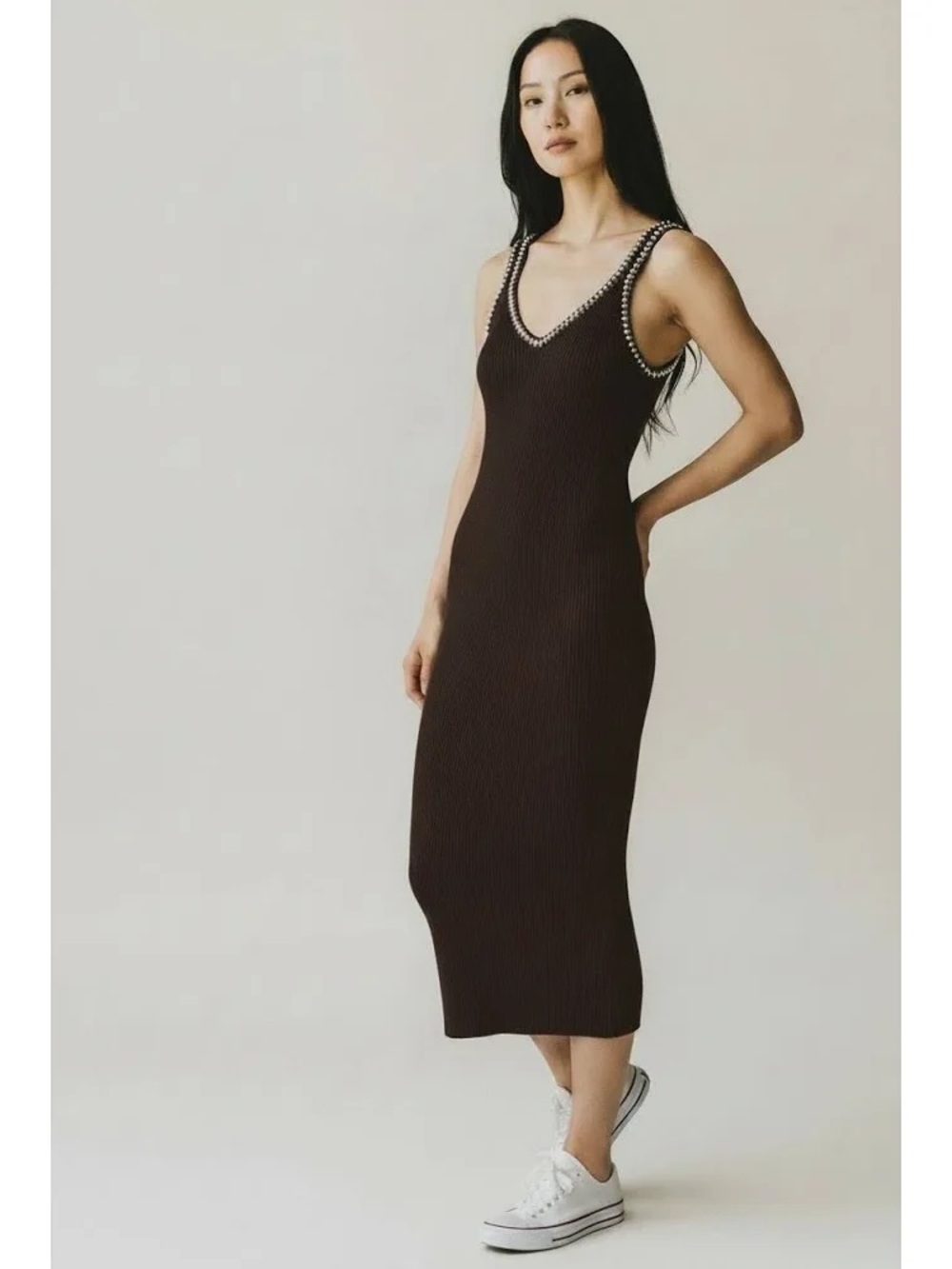 NWOT Caroline Constas Chocolate Brown Ribbed Knit Midi Dress